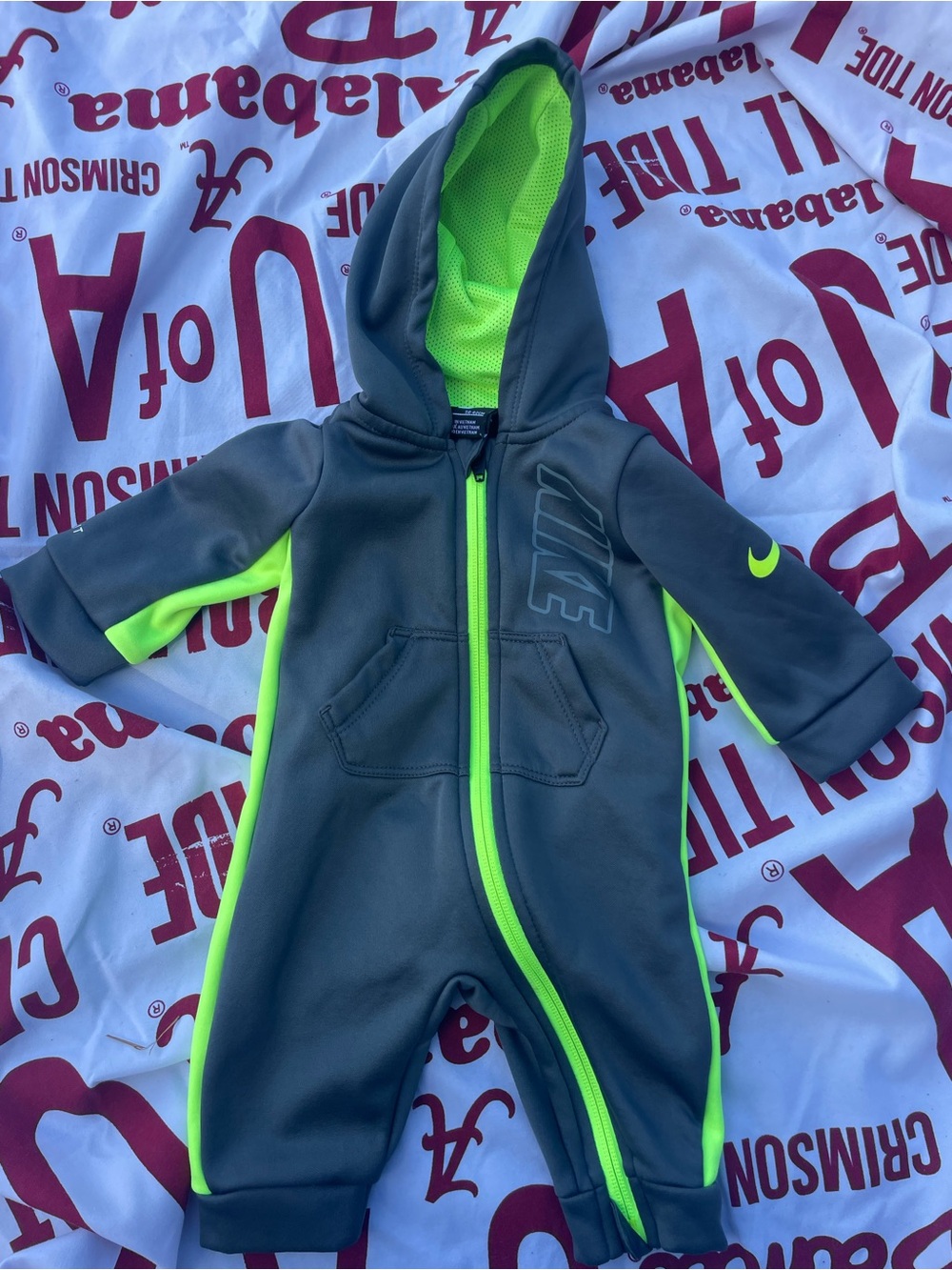 Nike Toddler Hooded One-Piece Coverall in Charcoal with Neon Green Trim 3M